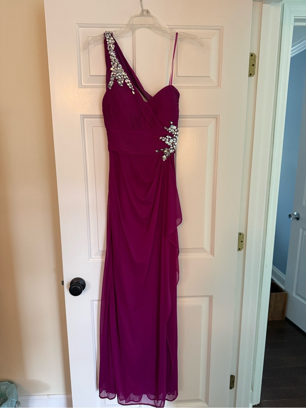 Cache One-Shoulder Fuchsia Evening Gown with Crystal Embellishments